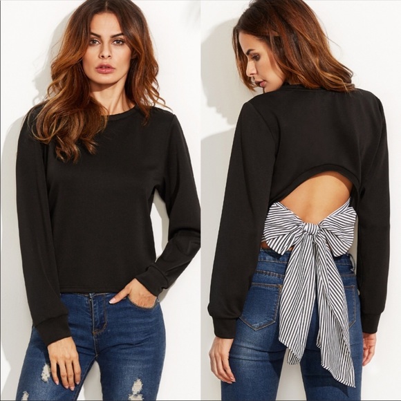 Black open back w/bow tie in the back long sleeve - Picture 1 of 2